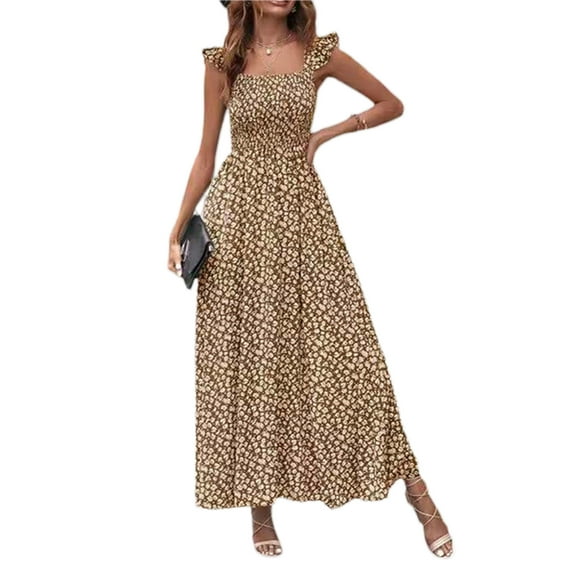 Seyurigaoka Women's Summer Boho Beach Long Dress, Flying Sleeve Square Neck Floral Pattern Vacation Style Swing Dress