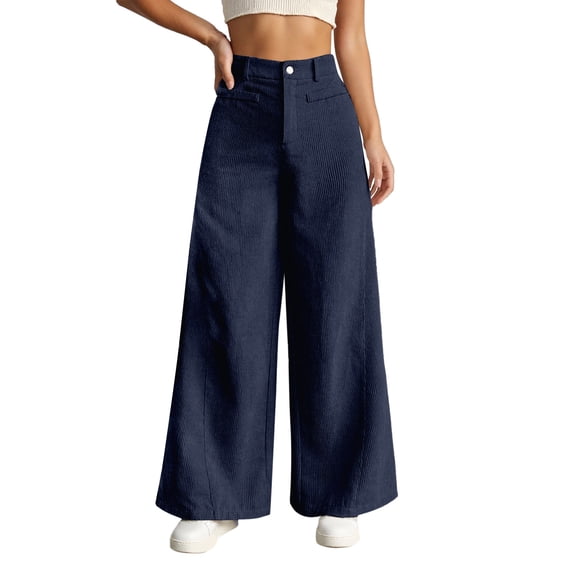 Ediodpoh High Waist Wide Leg Corduroy Pants Women Soft Palazzo Pants with Pockets Comfortable Elastic Waistband Casual Trousers Navy L
