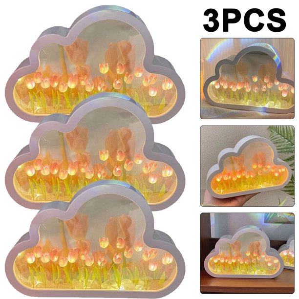 Lámpara Artesanal JShteea Nocturna Tulipán Y Nube Hecha a Mano Rosa 3 Uds