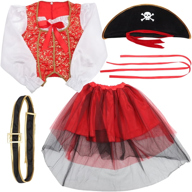 BRIGHTFUFU 4 piezas Disfraz de pirata clásico para niños Traje de cosplay Sombrero Vestido y cinturón de falda para fiesta de Halloween Disfraces (Tamaño S 95 cm-105 cm)