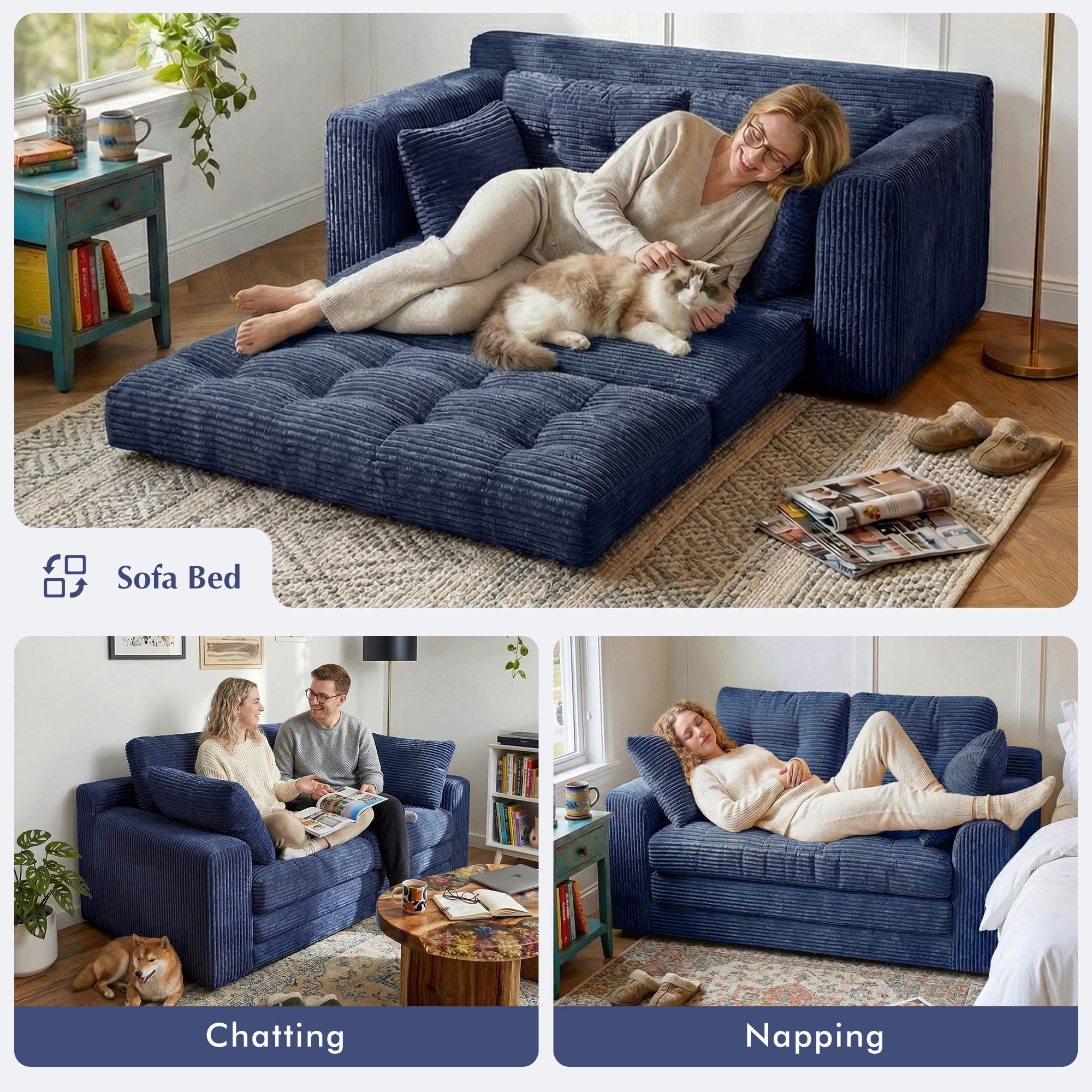 EnHomee 58.6" Foldable Sofa for Adult Loveseat Sofa Couch with Deep Seat Adjustable Floor Sofa Couch with 4 Pillows,Navy Blue