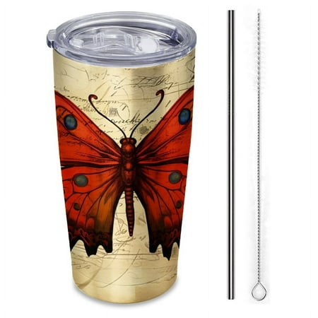 

red butterfly on a vintage background-Insulated Car Cup 20 oz Stainless Steel Travel Tumbler with Reusable Straw & Brush Hot & Cold Drinks Coffee/Tea/Office/Outdoor Drinkware