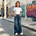 thumbnail image 6 of Hiijoy Girls Casual Jeans Side Stripes Drawstring Jeans Kids Straight Loose Denim Pants, 6 of 6