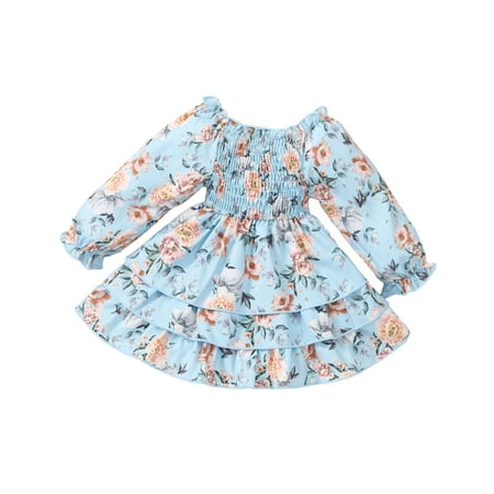 

Musuos Girls Casual Floral Dress Flower Print Boat Neck Long Sleeve Smocked One-Piece with Layered Hem for Kids 1-5 Years