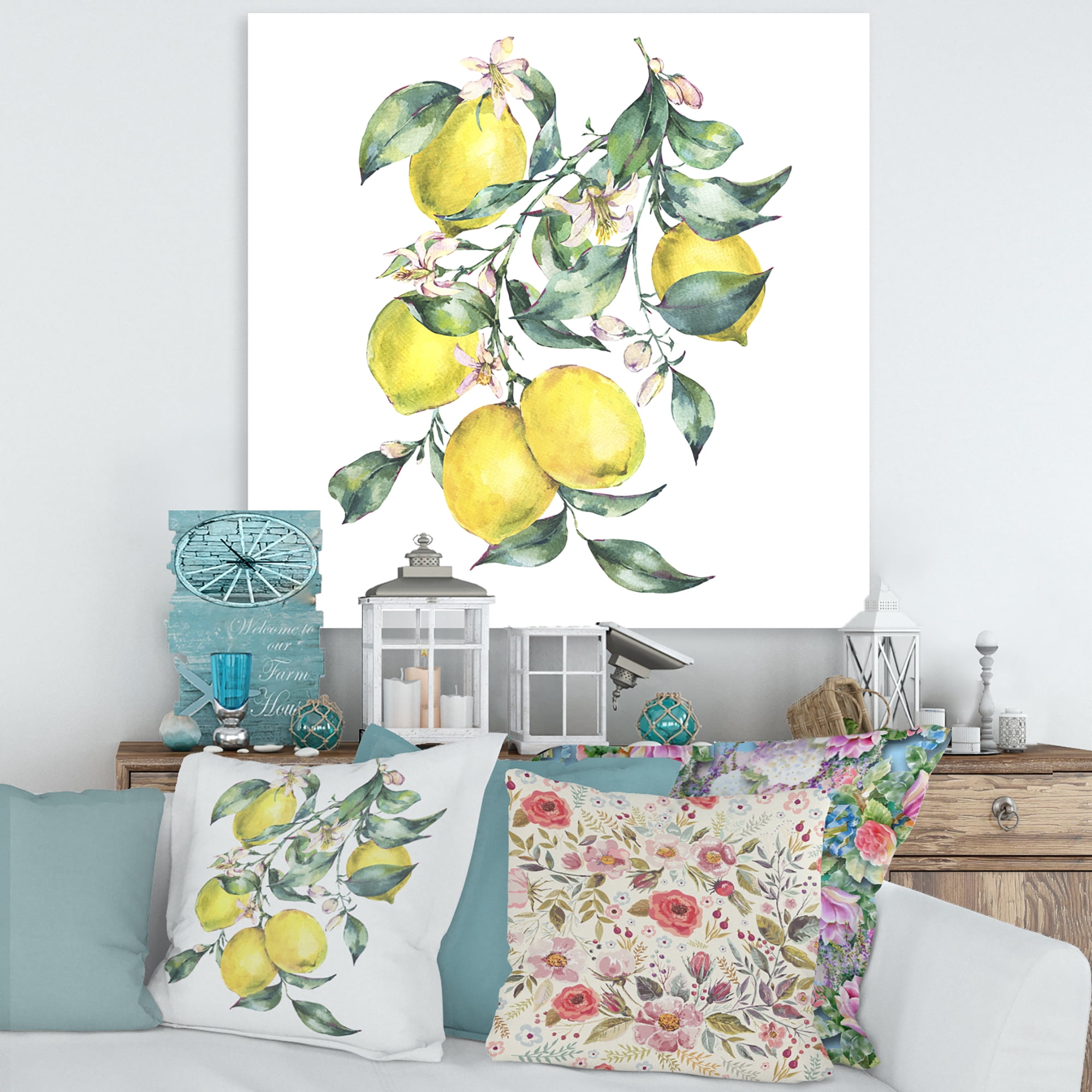 Branch of Leaves and Yellow Lemons I 30 in x 30 in Painting Canvas Art Print, by Designart
