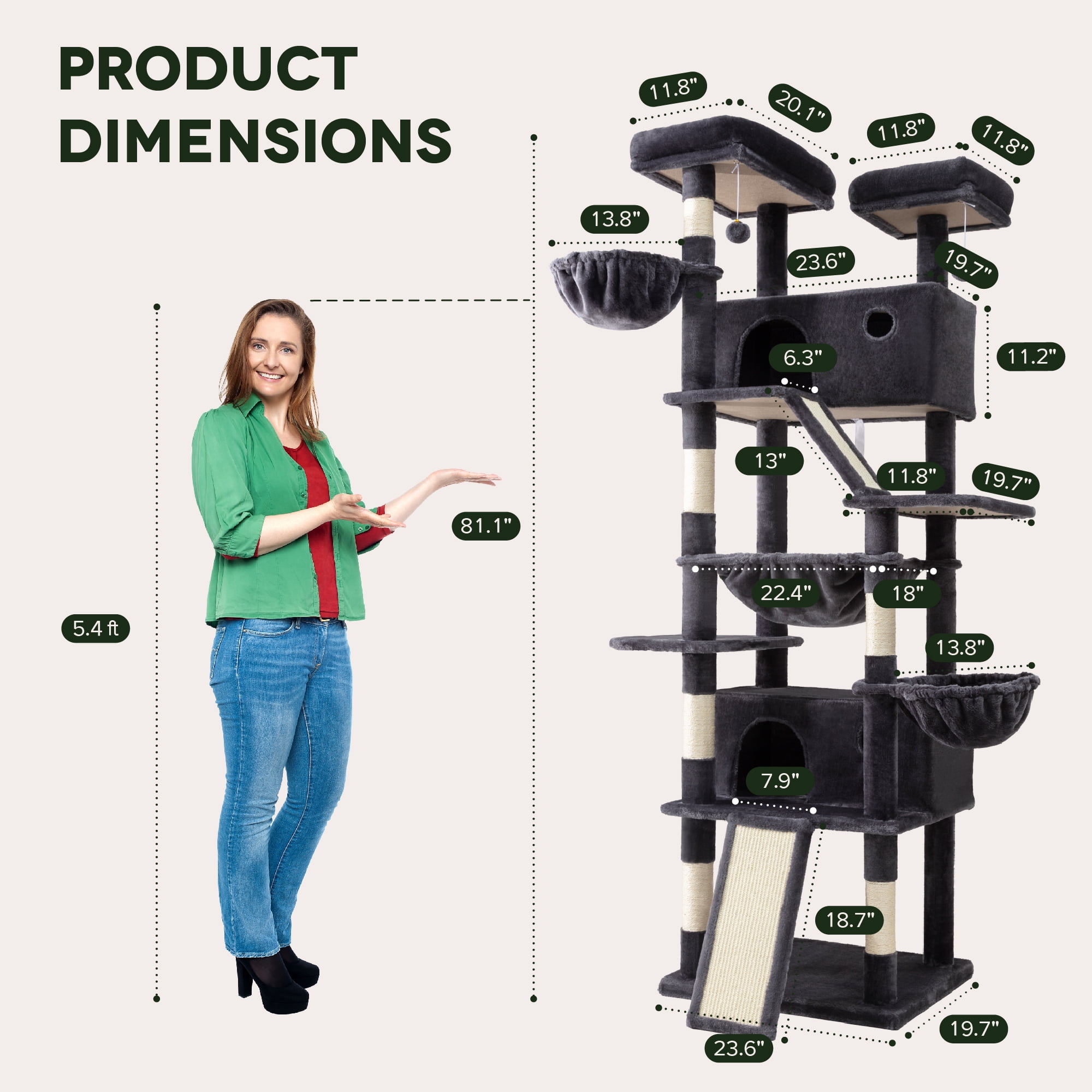 Einfach 81" Multi-Level Tall Cat Tree Tower, Larger Cat Condo with Hammock, Cozy Pussycat Perches, Sisal Scratching Posts, Blue