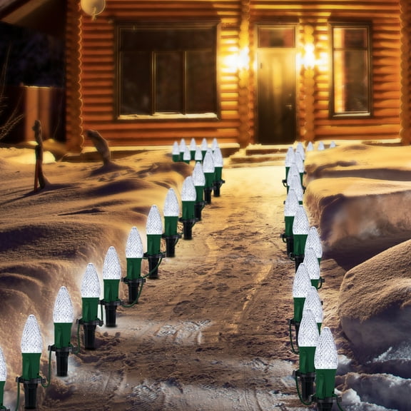 LAMPHOME White C9 Christmas Pathway Lights Outdoor, 25.7Ft 20 Bulbs Waterproof Walkway Lights with Stakes, Connectable Yard Decor for Driveway Sidewalk Garden Holiday