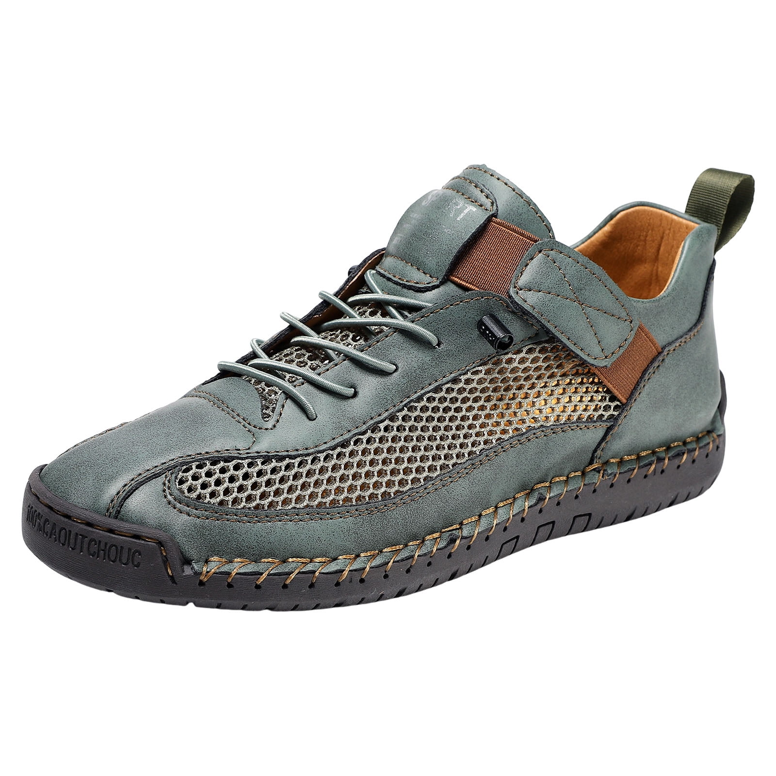 HEWUQI Unisex Thick Soled Mesh Shoes Stitching Leather Breathable Casual Lace up Sneakers Closed Toe Comfortable Driving Sandals Green Size 10.5