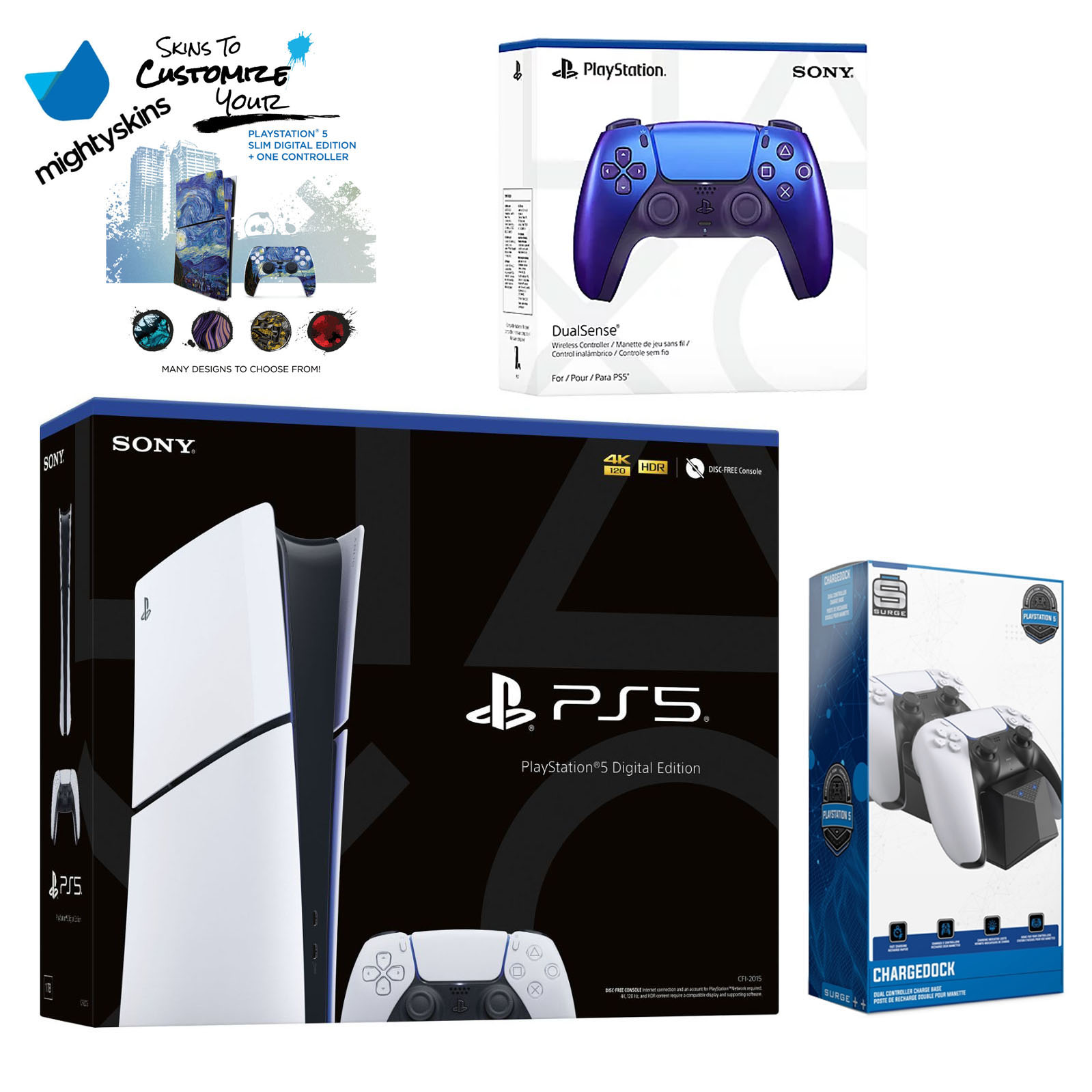Sony Playstation 5 Slim Digital with Extra Chroma Indigo Controller, Dual Charging Dock and MightySkins Decal Voucher Plus 2 Year CPS Extended Warranty