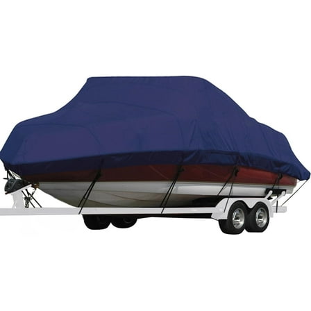 LiTian Waterproof Boat Cover, Solution-Dyed Yarn Marine Grade Cover Fits 14' to 16' ft Bass, V-Hull, Tri-Hull, Fish & Ski, Runabout Bowrider Boats - Heavy Duty Canvas Navy Blue 68" Width