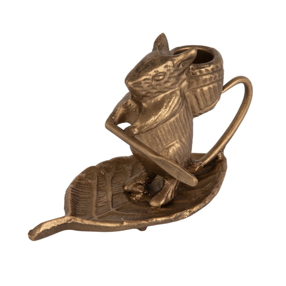 Creative Co-Op Mouse-on-Leaf Cast Metal Taper Holder, Antique Gold