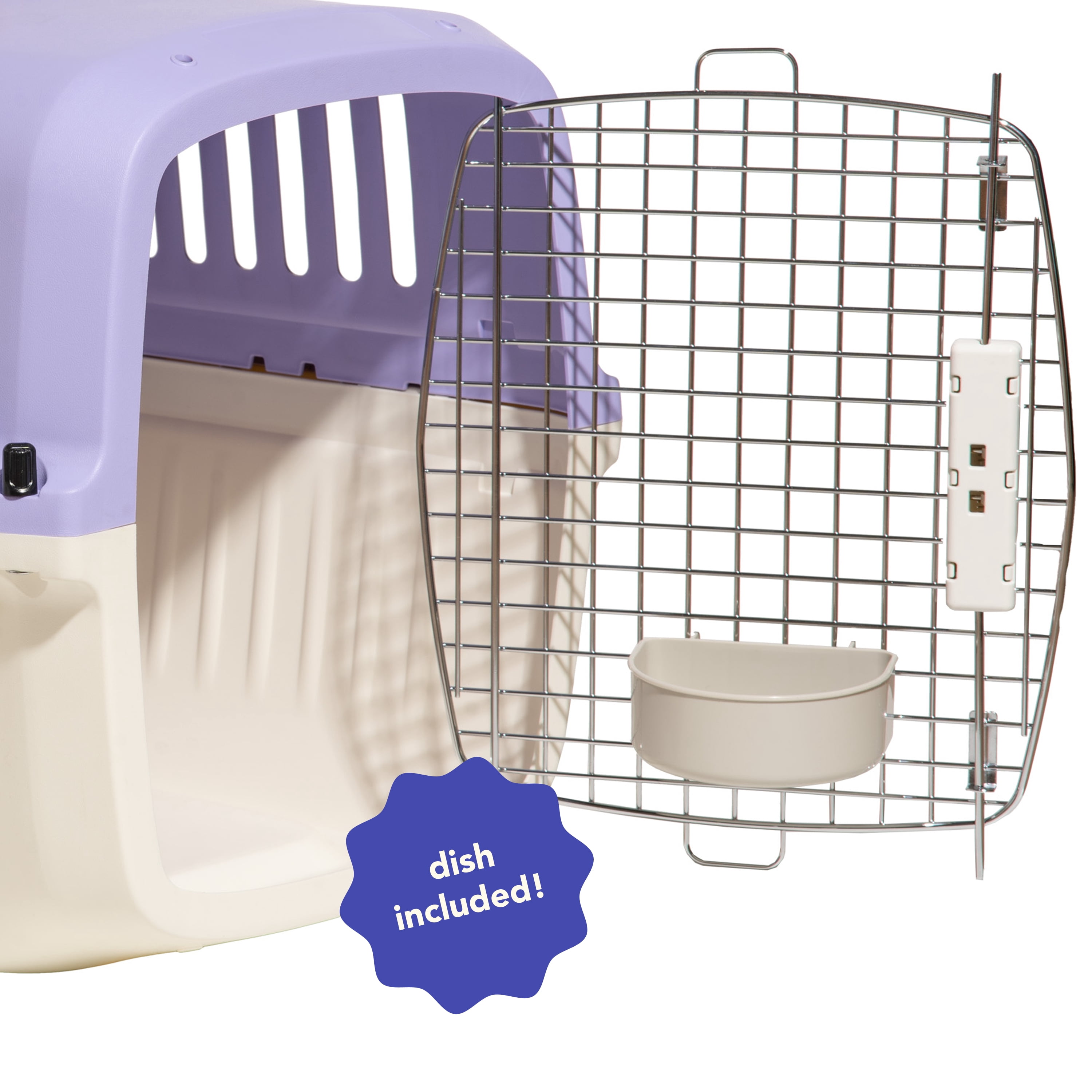 Oodles 20" Plastic Travel Pet Kennel, with Clip On Bowl, Purple