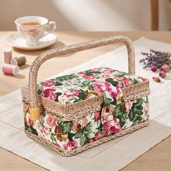 Sewing Basket Organizer Box with Handle Vintage Style Storage Case for Thread Needle Notions & Craft Supplies Accessories