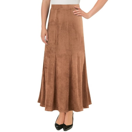 Faux Suede Long Elastic Waist Godet Skirt