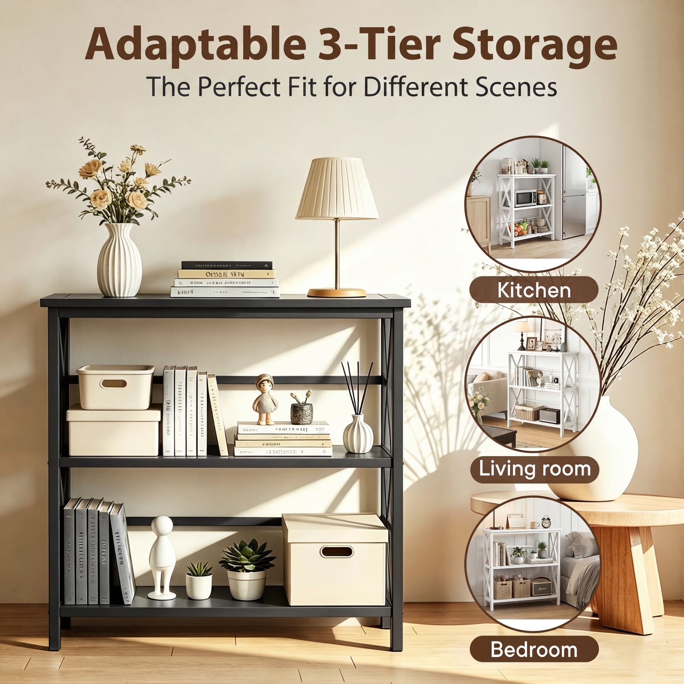 edx 3-Tier Metal Wall Mounted Bookshelf, Drill-Free Open Bookcase for Home Office/Study, Matte Finish Storage Shelves, Black