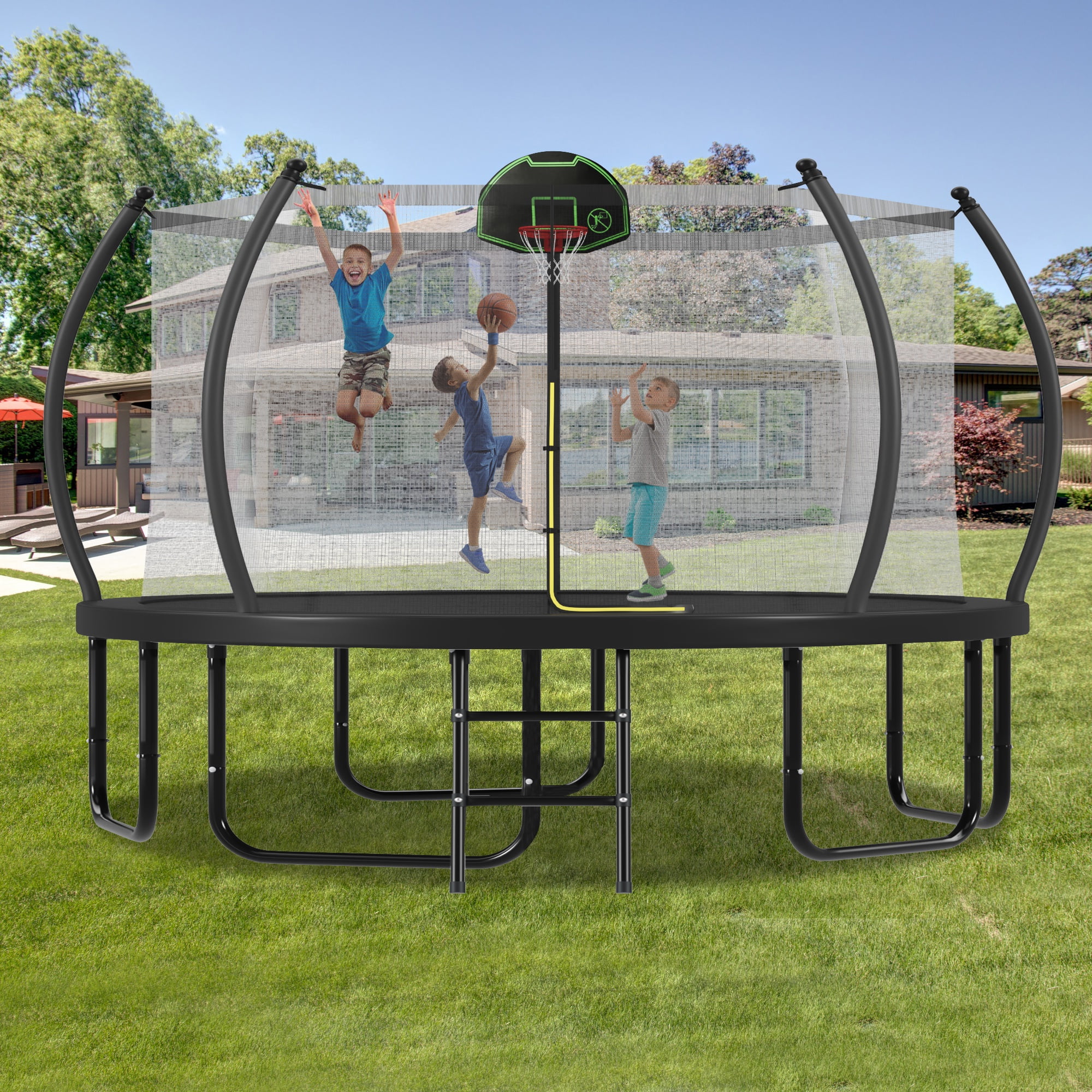 12FT 14FT 16FT Trampoline for Kids Adults with Basketball Hoop, Enclosure Net, 1500LBS Heavy Duty Outdoor Trampoline with Ladder, Recreational Round Trampoline, Pumpkin Outdoor Backyard Trampoline