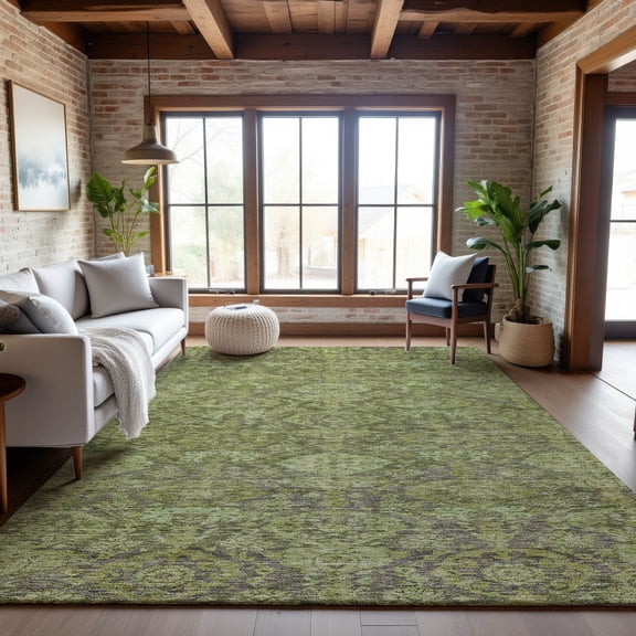 Addison Rugs Mayfield Premium Machine Washable Transitional Damask Green Rectangle Rug, 10' x 14'