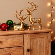 Moocorvic 2Pcs Gold Resin Reindeer Figurines Christmas Table Decorations, Sitting & Standing Deer Statues for Living Room, Bedroom, Christmas Gifs