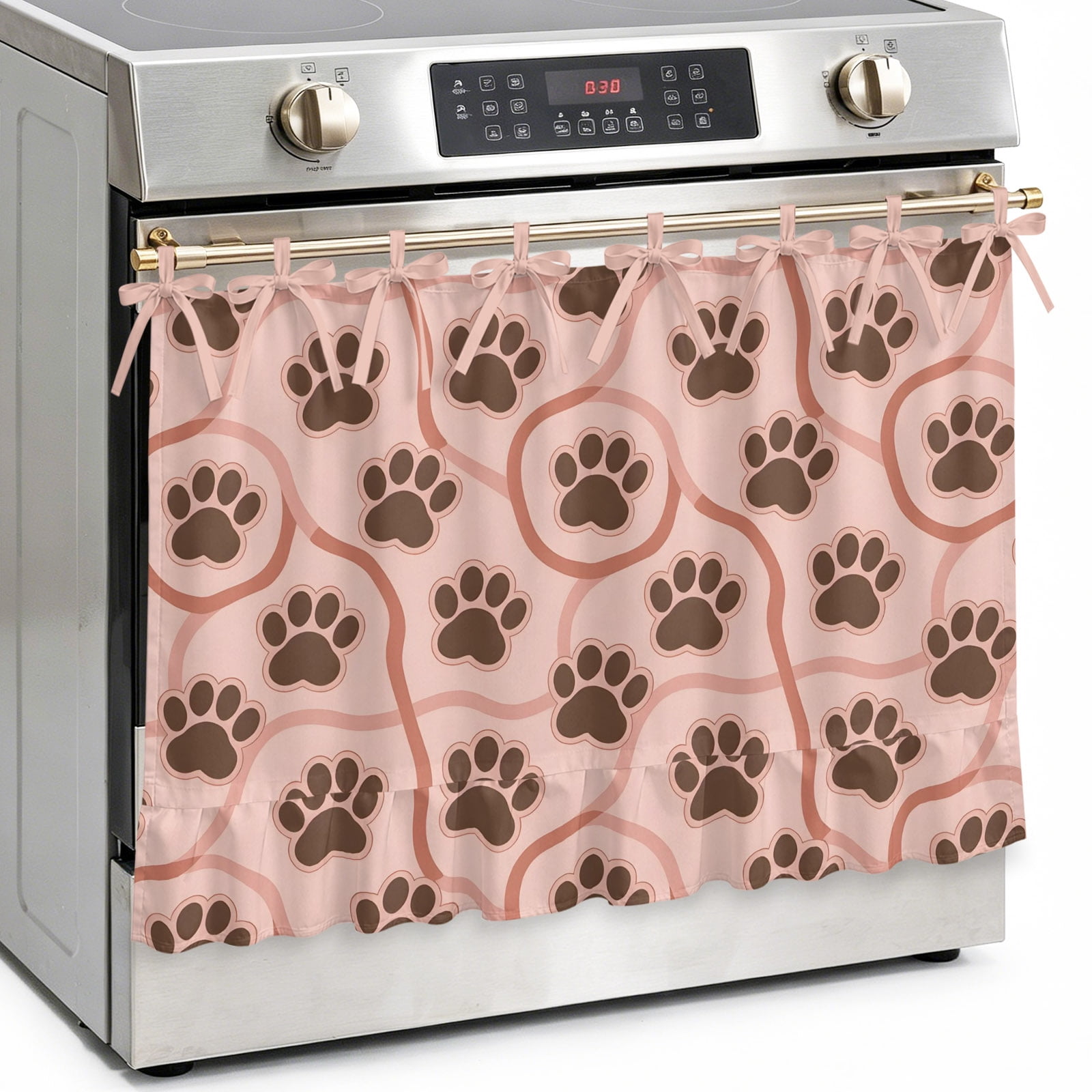 Terracotta Paw Print Oven Skirt Curtain Kitchen Stove Skirt Cover with Tie Top Funny Foot Swirl Line Anstract Decorative Cabinet Cover Dishwasher Curtain for Farmhouse Decor 27x20 Inch