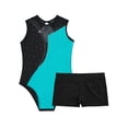 thumbnail image 5 of IEFIEL Girls Shiny Rhinestones Splice Gym Suit Activewear Ballet Gymnastics Tank Leotard with Shorts Dancewear Blue Green&Black 6, 5 of 7
