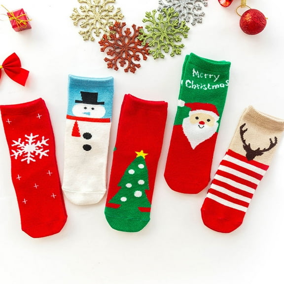 HONITANO 5 Pairs Christmas Festive Socks for Kids in Red Cotton Warm 20-23cm
