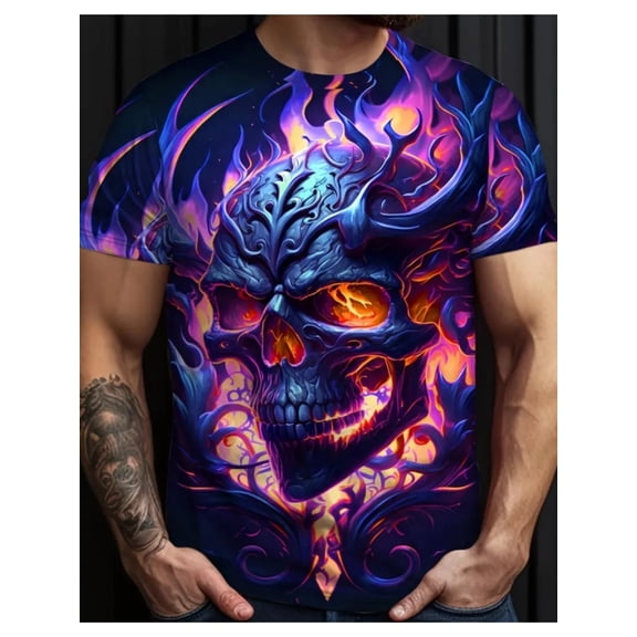 Men's Graphic T-Shirt - Bold Street Style Electric Blue Skull Flame Design - Lightweight Summer Concert, Festival, Daily Trendy Top - Machine Washable Crew Neck Shirt