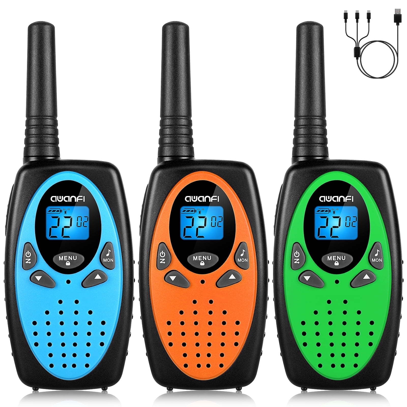 AWANFI Rechargeable Walkie-Talkies 3 Pack, 1200mAh Battery, 22 FRS Channels, Portable 2-Way Radios for Kids & Adults