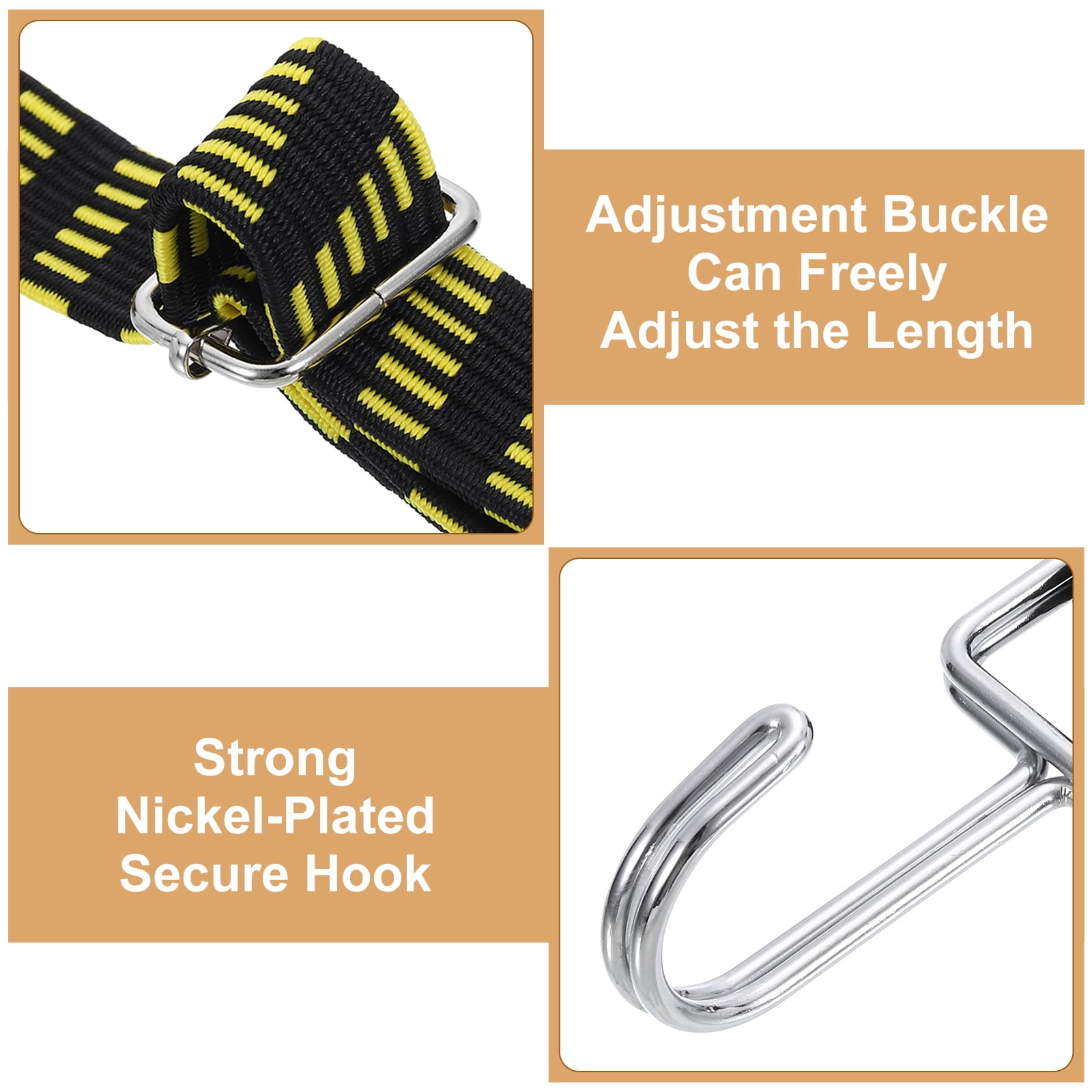 Uxcell 6 Pack Adjustable Bungee Cords with Hooks, 79 Inch Flat Heavy Duty Elasticity Straps Rubber Bungee Cords with Buckle for Outdoor, Camping, Tarp, Bike Rack, Luggage, Black Yellow