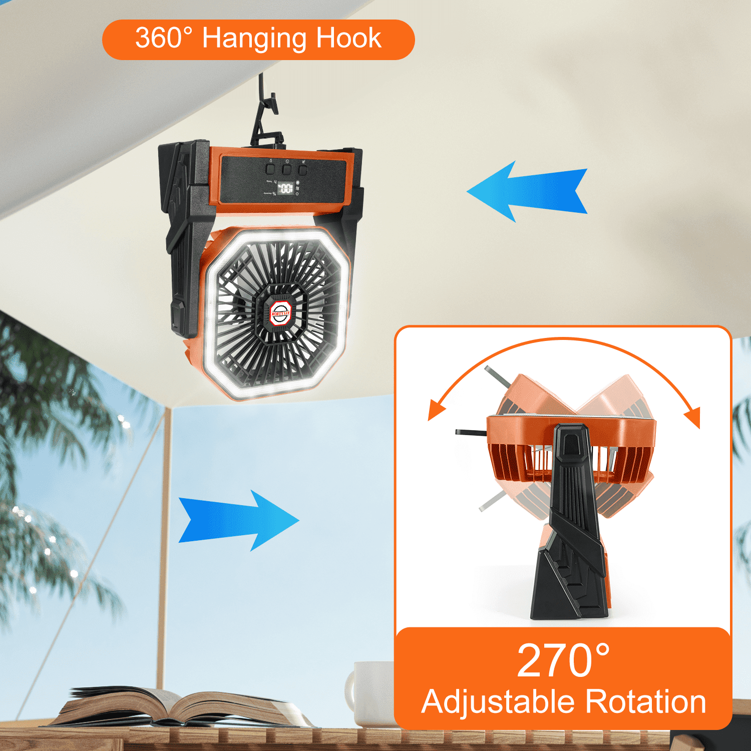 Henotian Camping Fan,Portable Fan for Travel, 20000mAh Rechargeable Desk fan, Battery Operated Fan with Hanging Hook for Tent,Office,Travel,Fishing,Picnic
