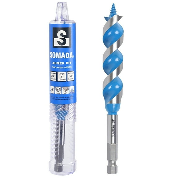 SOMADA 3/4-Inch x 6-Inch Double Cut Blue Auger Drill Bit for Wood, Quick Change Hex Shank 3/8-Inch, Precision Drilling in Soft and Hard and Wood for Carpentry and DIY Projects