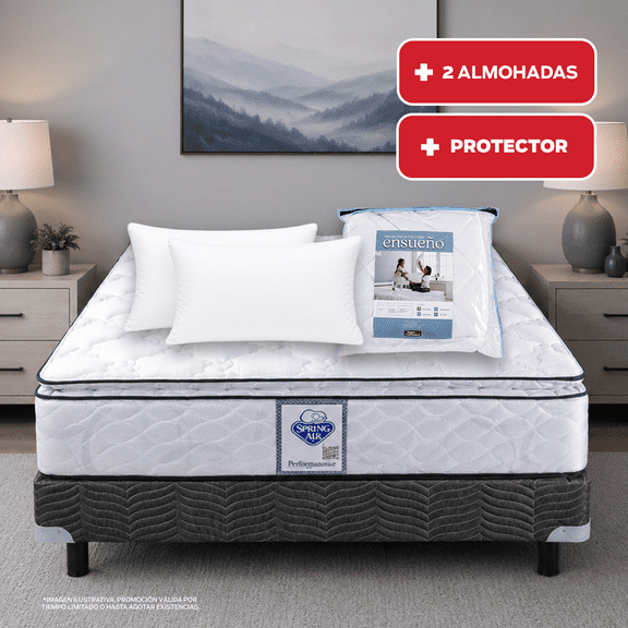 Colchón y Box Matrimonial Spring Air City + 2 Almohadas SC + Protector