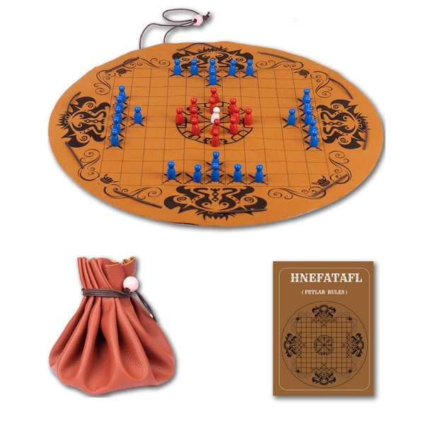 Juego de ajedrez vikingo Hnefatafl con tapete de cuero y piezas de madera