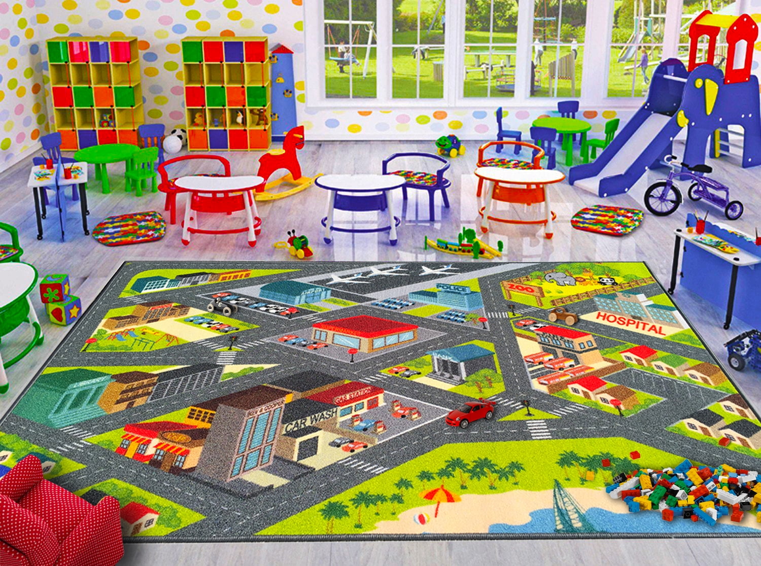 KC Cubs Playtime Collection Multicolored Polypropylene Road Map Educational Area Rug - 5'0" x 6'6"