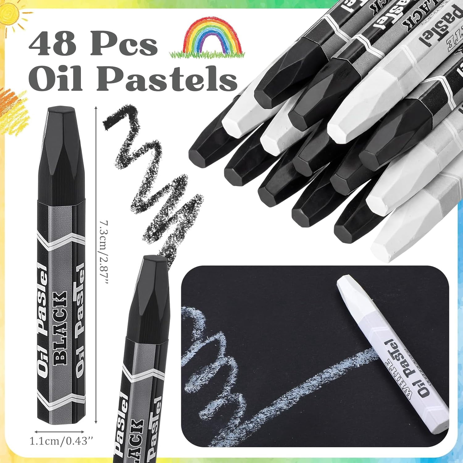 48 Pcs Black and White Soft Oil Pastels Bulk Artists Crayons Single Color Hexagonal Creamy Pastel for Beginners Painting Drawing Relaxing Blending