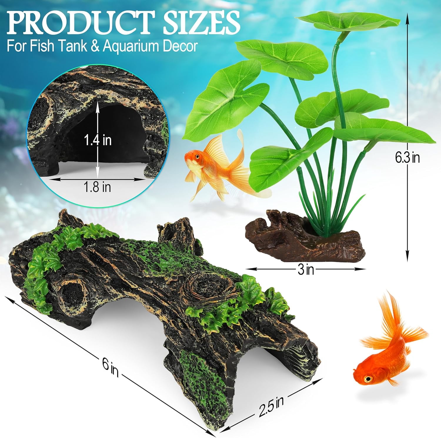 Fish Tank Decor, Silk Aquarium Plants and Hollow Tree Trunk Decor for Betta, Goldfish, Turtle, Reptile
