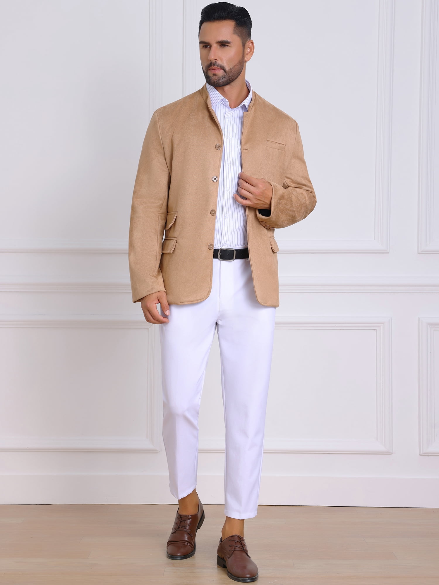 DARING DIVA Men's Suit Jacket Stand Collar Single Breasted Suede Blazer XL Khaki