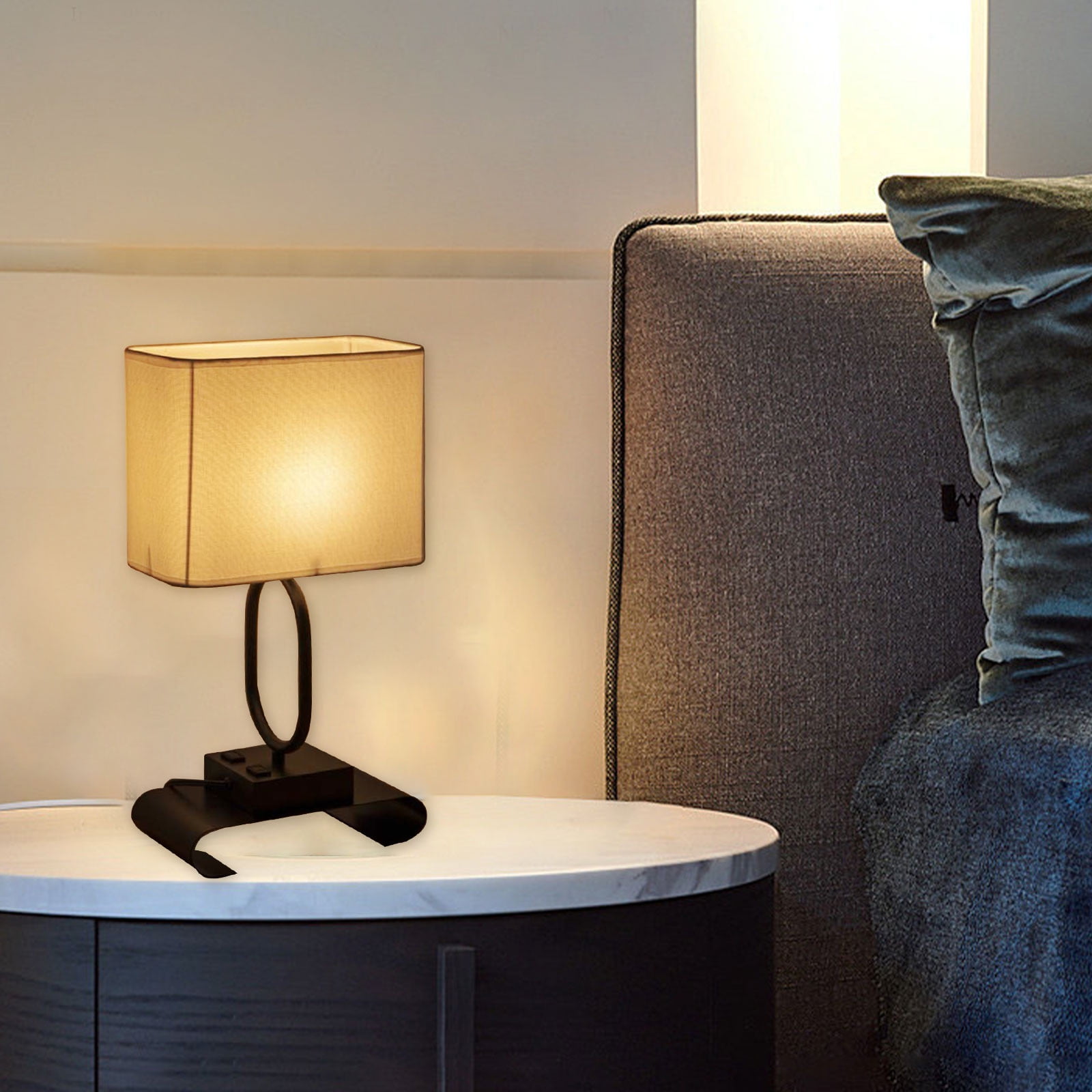 Bedside Table Lamp with 2 USB Charging Ports and 2 AC Outlets, Fabric Linen Shade Desk Lamp for Bedroom, Living Room, Office, Adjustable Brightness, Reading, Work, Eye-Caring Light