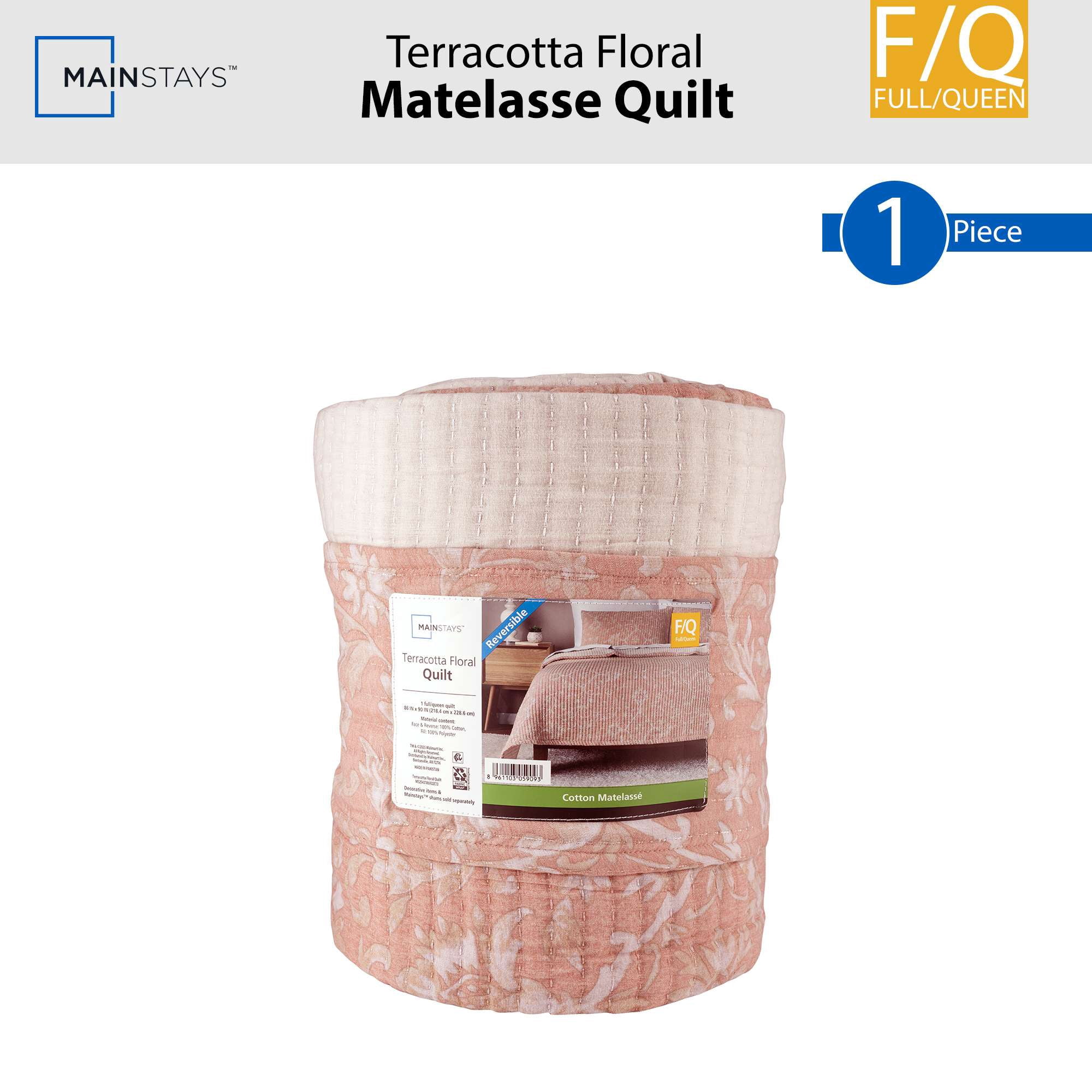 Mainstays 100% Cotton Matelasse Quilt Bedding Terracotta Floral Printed Denier Filled Jacquard Quilts, Full/Queen - Reversible, Breathable