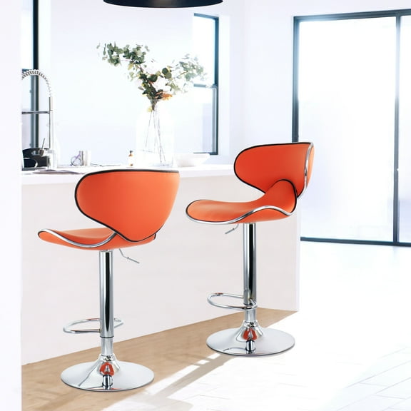Elama 2 Piece Slim Faux Leather Adjustable Bar Stool in Orangewith Chrome Base