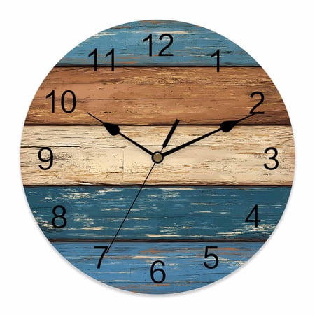 Wall Clock Blue Wood Grain Clocks PVC Silent Non-Ticking Battery Operated Decorative Rustic Retro Brown Wooden Round Clock for Home Living Room Kitchen Bedroom Office School Wall Decor 10 Inch