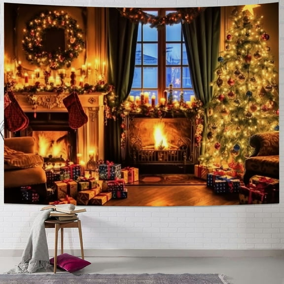 PRATYUS Christmas Tree Fireplace Maximalism Tapestry Wall Hanging for Bedroom Dorm Christmas Decoration Home Wall Art Short Plush 40x30inch