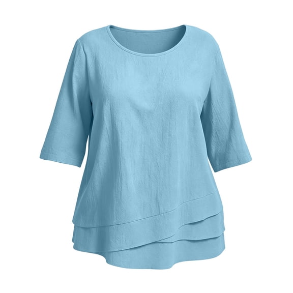 Vivianyo HD Women's Tiered Layered Hem Blouse, Round Neck 3/4 Sleeve Swing Tunic Top for Women, Fall Versatile Top for Office and Weekend, Sizes L-5XL