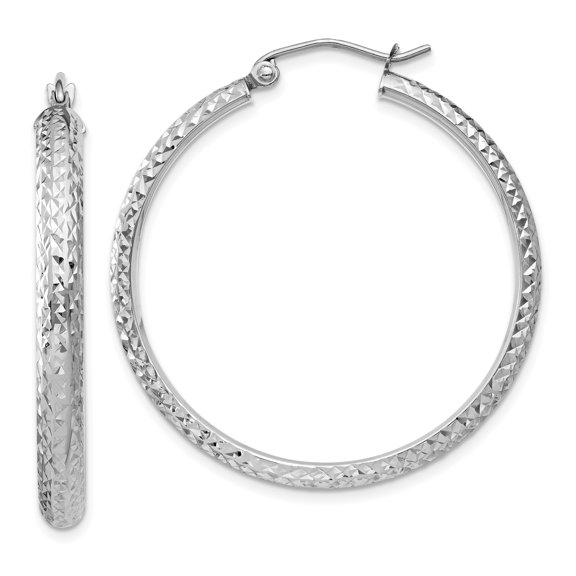 Beautiful 14K White Gold Diamond-cut 3.5x34mm Hollow Hoop Earrings
