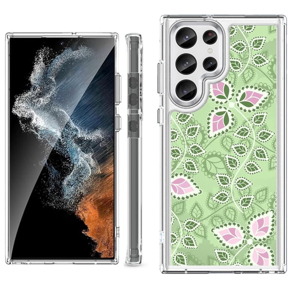 Shockproof Bumper Phone Case for Samsung Galaxy S23 Ultra 5G, by OneToughShield ® - Leaf Pink Green