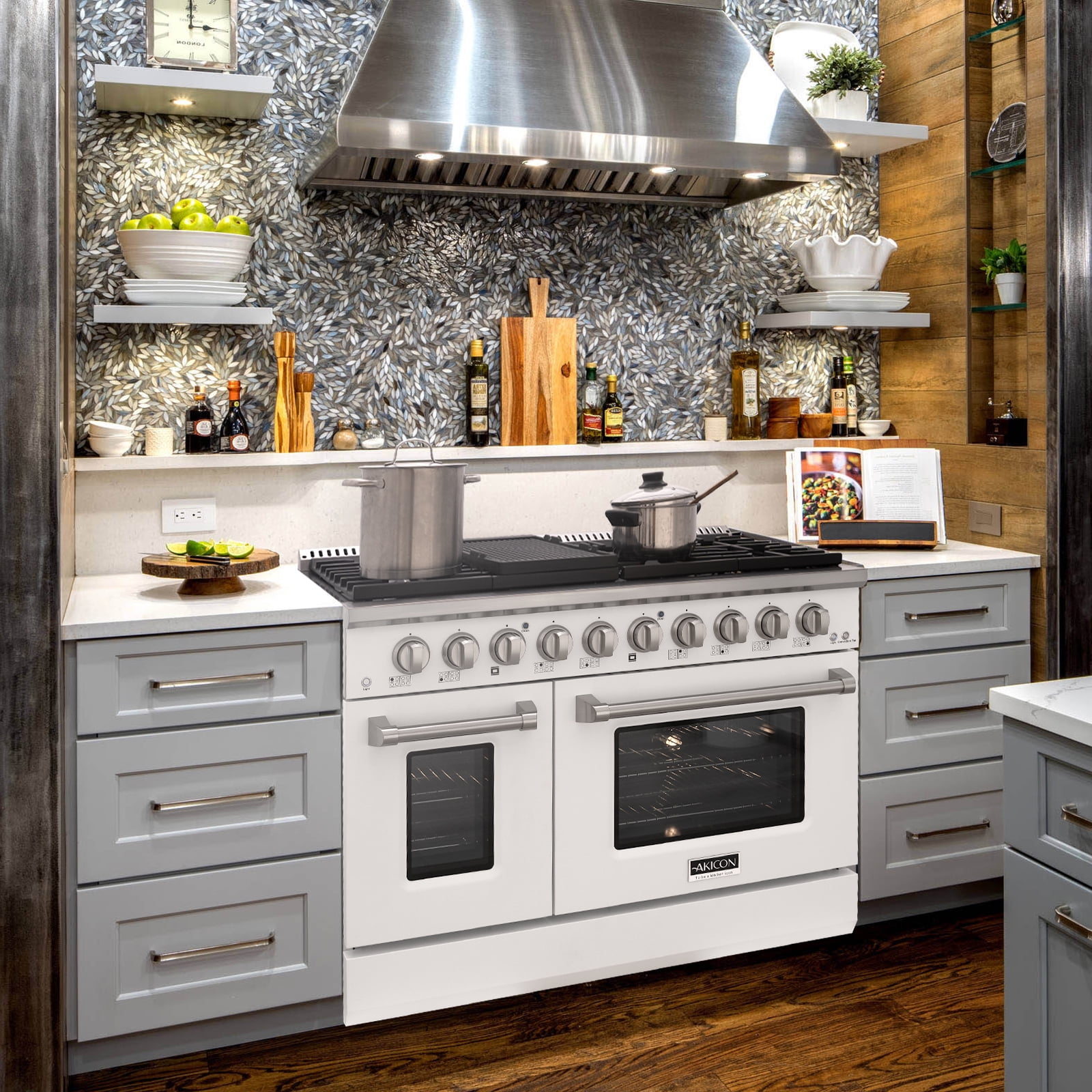Akicon 48" Slide-in Freestanding Professional Style Gas Range with 6.7 cu. ft. Oven, 8 Burners, Convection Fan, Cast Iron Grates. White & Stainless Steel