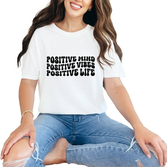 Positive Mind, Positive Vibes, Positive Life Quote, Groovy Retro Wavy Text, White Comfort Colors T-Shirt, Small