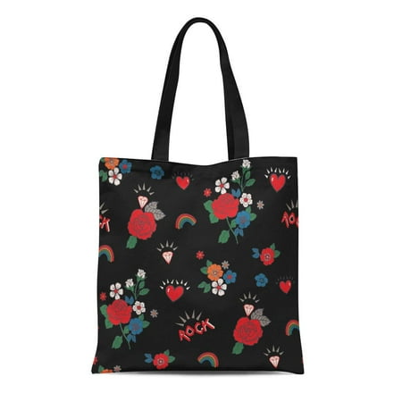 Punk Rock School Girl ASHLEIGH Canvas Bag Resuable Tote Grocery Shopping Bags Cute Rose Rock Pattern in Girl Guitar Punk Kids Tattoo Tote Bag ()