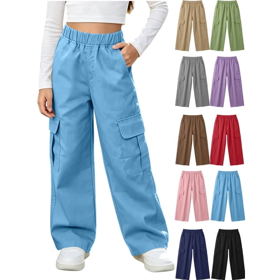 Xaqiouau Girls Cargo Pants Wide Leg Loose Fit Elastic Waist Casual Trousers with Side Pockets Kids Streetwear Full Length Pants School Daily Wear Light Blue 10-11Years
