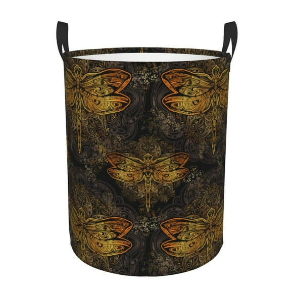 Balery Gold Dragonfly Mandala Cesta de ropa redonda con asas, impermeable, independiente, para ropa, juguetes, dormitorio y familia-Small