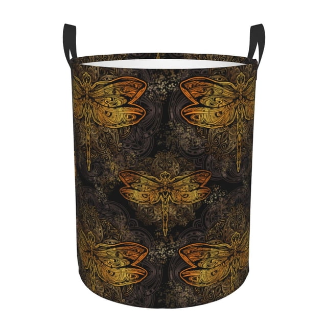 Balery Gold Dragonfly Mandala Cesta de ropa redonda con asas, impermeable, independiente, para ropa, juguetes, dormitorio y familia-Small